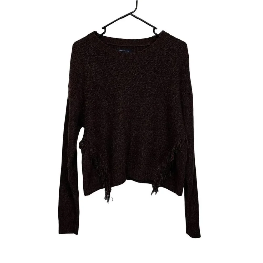 American Eagle Brown Knit Fringe Cropped Sweater Size Woman's Large